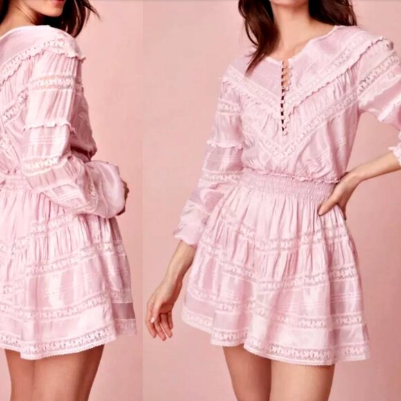 LoveShackFancy Jones Ruffle VictorianLace Inset Mini Dress Light Lilac sz S $495